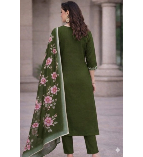 Generic Women's Chanderi Silk Ethnic Motif V-Neck 3/4th Sleeve Kurti With Pant Dupatta Set (Mahendi) Generic Women's Chanderi Silk Ethnic Motif V-Neck 3/4th Sleeve Kurti With Pant Dupatta Set (Mahendi)