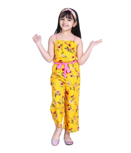 Generic Girl's Polyester Crepe Floral Shoulder Straps Jumpsuit (Yellow-Pink)