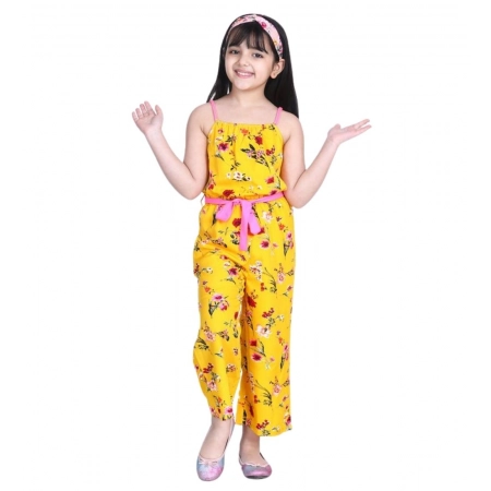 Generic Girl's Polyester Crepe Floral Shoulder Straps Jumpsuit (Yellow-Pink) Generic Girl's Polyester Crepe Floral Shoulder Straps Jumpsuit (Yellow-Pink)