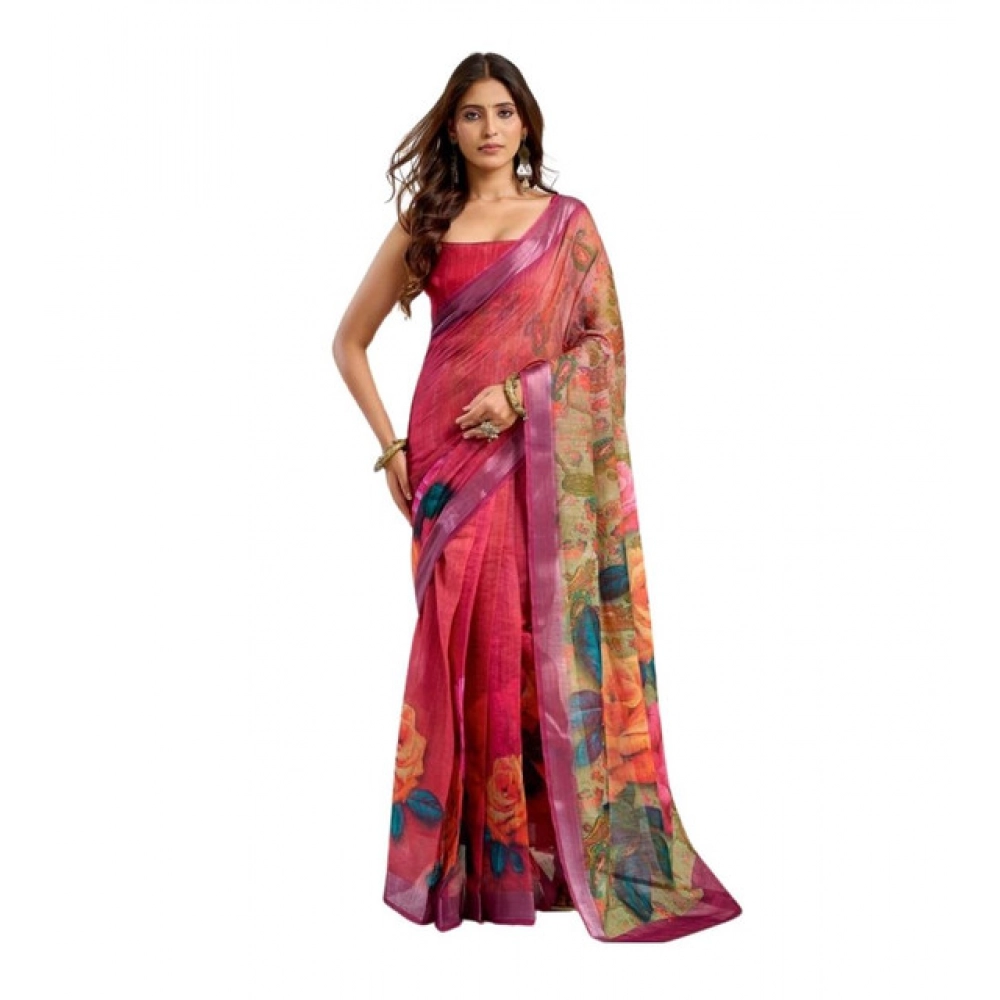 Generic Women's Linen Cotton Printed Ready To Wear Saree With Unstitched Blouse 5.5 Mtr (Pink)