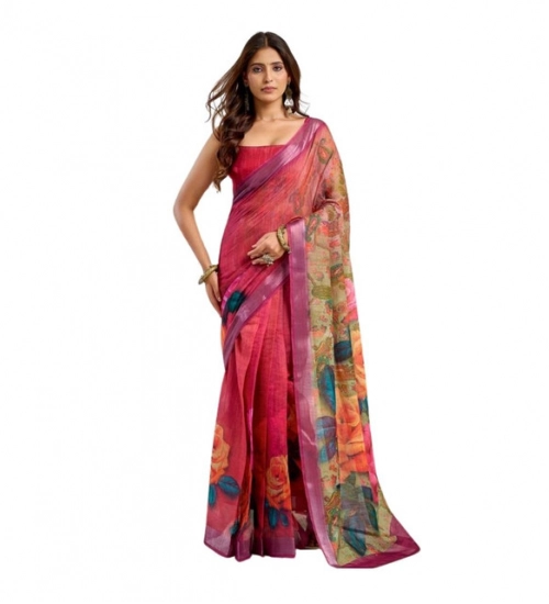 Generic Women's Linen Cotton Printed Ready To Wear Saree With Unstitched Blouse 5.5 Mtr (Pink)