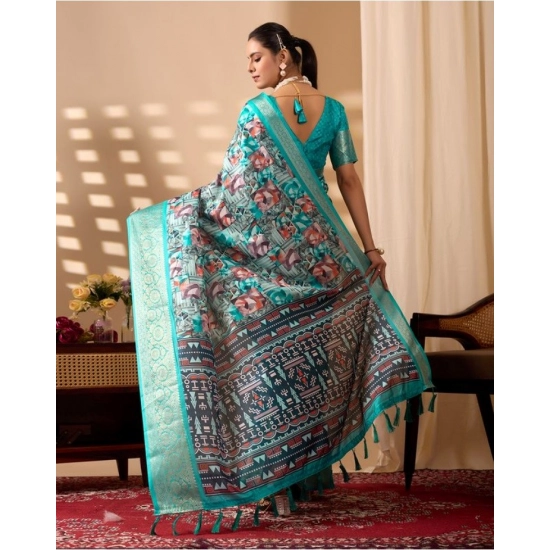 Generic Women's Faux_Silk Printed Saree With Unstitched Blouse 5.5Mtr (Turquoise)