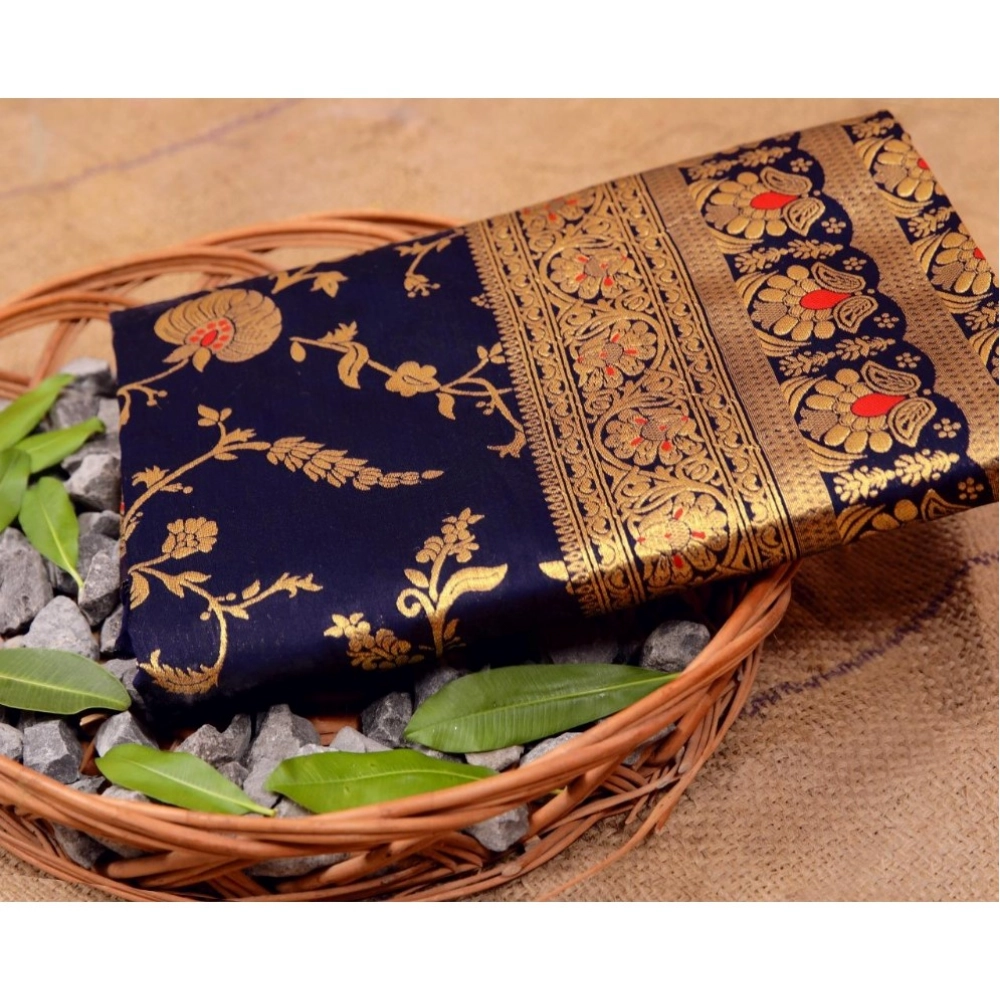 Generic Women's Soft Litchi Silk Jacquard Work Saree With Unstitched Blouse 5.5Mtr (Blue)