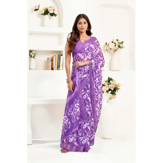 Generic Women's Linen Cotton Printed Ready To Wear Saree With Unstitched Blouse 5.5 Mtr (Purple)