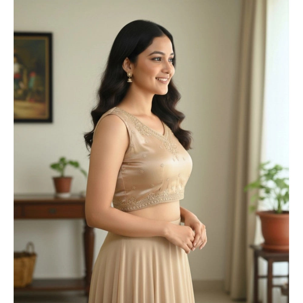 Generic Women's Zimmi Choo Embroidered V-Neck Padded Blouse (Beige 38 Ready (Self Alterable 36–40)