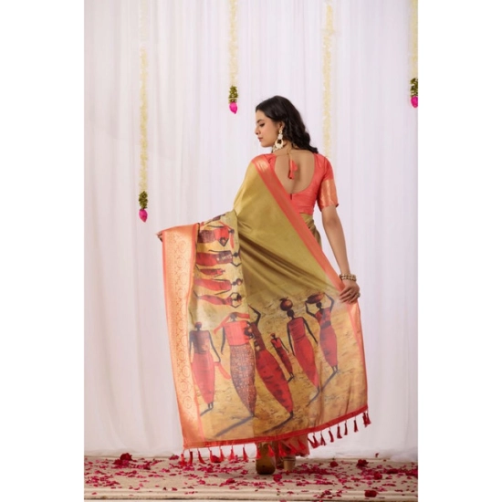 Generic Women's Faux_Silk Printed Saree With Unstitched Blouse 5.5Mtr (Olive)