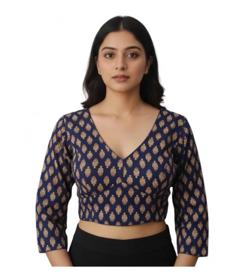 Generic Women's Ajrakh Cotton Printed Halter Neck Padded Blouse (Navy 38 Ready (Self Alterable 36–40)