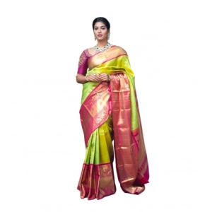 Generic Women's Litchi silk Printed Saree With Unstitched Blouse (Green)