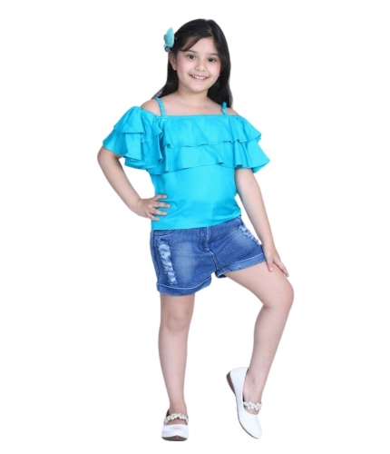 Generic Girl's Rayon Solid Cold Shoulder Top with Shorts (Blue)