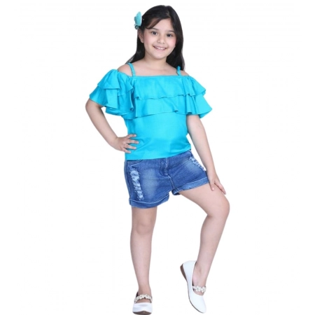 Generic Girl's Rayon Solid Cold Shoulder Top with Shorts (Blue) Generic Girl's Rayon Solid Cold Shoulder Top with Shorts (Blue)