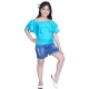 Generic Girl's Rayon Solid Cold Shoulder Top with Shorts (Blue)