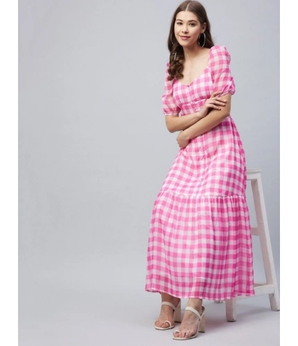 Generic Women's Polyester Georgette Checkered Half Sleeve Dress (Pink)