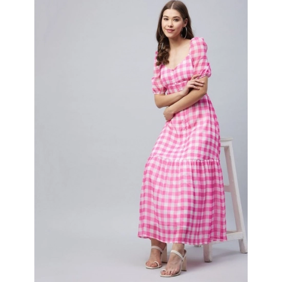 Generic Women's Polyester Georgette Checkered Half Sleeve Dress (Pink) Generic Women's Polyester Georgette Checkered Half Sleeve Dress (Pink)