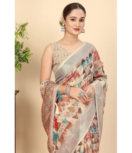 Generic Women's Cotton Silk Printed Saree With Unstitched Blouse 5.5Mtr (Multicolor)