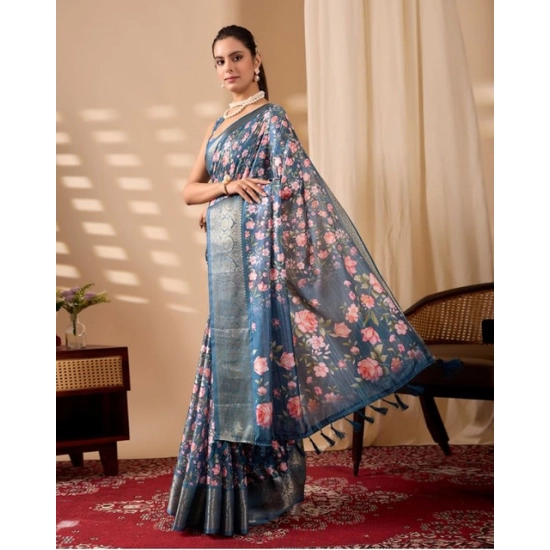 Generic Women's Faux_Silk Printed Saree With Unstitched Blouse 5.5Mtr (Blue)