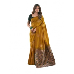 Generic Women's Soft Lichi Silk Printed Saree With Unstitched Blouse 5.5Mtr (Mustard )