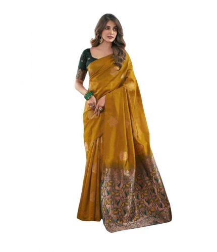 Generic Women's Soft Lichi Silk Printed Saree With Unstitched Blouse 5.5Mtr (Mustard )