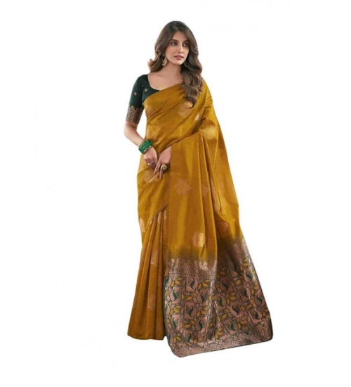 Generic Women's Soft Lichi Silk Printed Saree With Unstitched Blouse 5.5Mtr (Mustard )