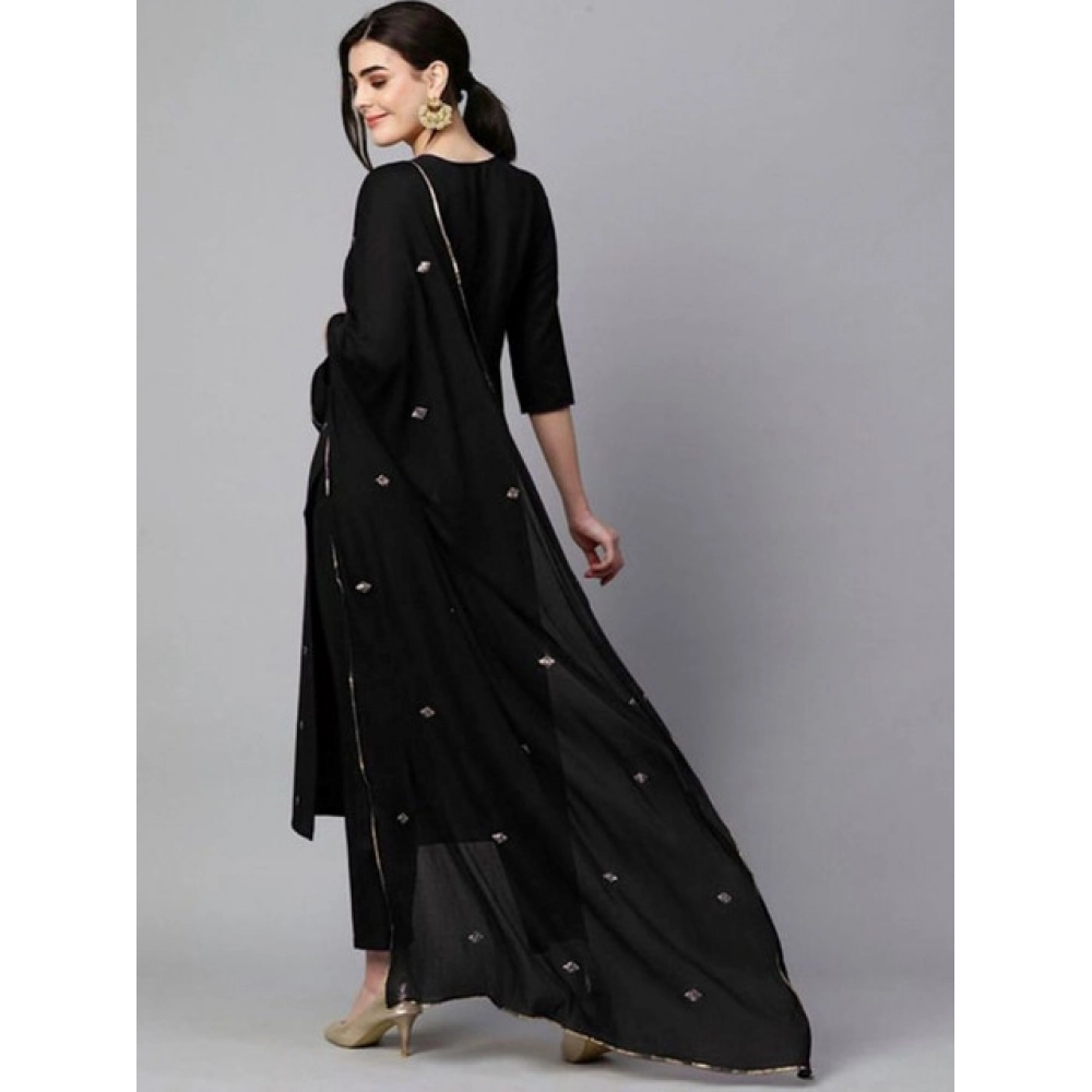 Women's Tesla Silk Embroidered U-Neck Kurti With Pant Dupatta Set (Black)