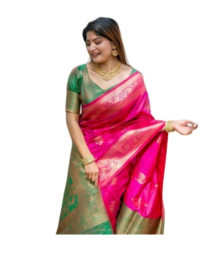 Generic Women's Katan_Silk Zari_Weaving Saree With Unstitched Blouse 5.5Mtr (Pink)