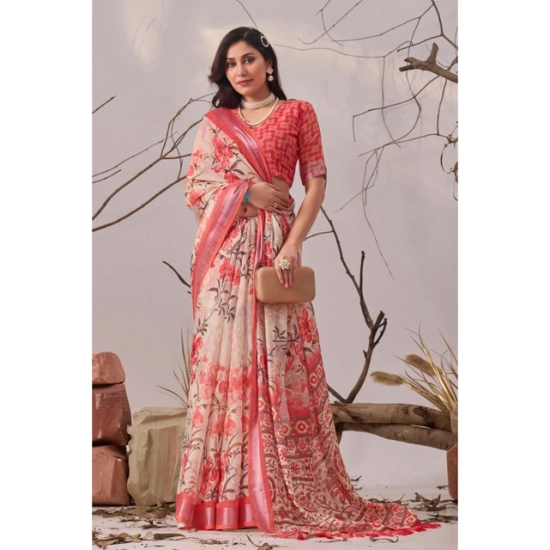 Generic Women's Faux_Linen Printed Saree With Unstitched Blouse 5.5Mtr (Peach)