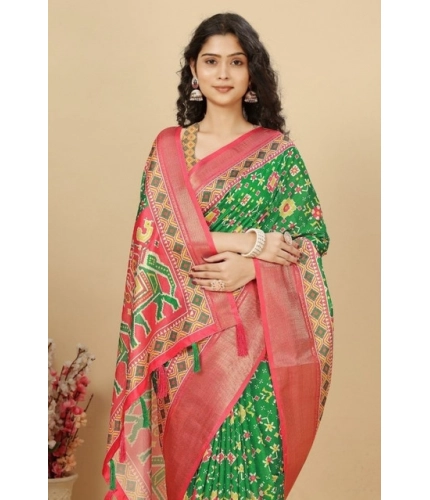 Generic Women's Cotton Silk Printed Saree With Unstitched Blouse 5.5Mtr (Green)