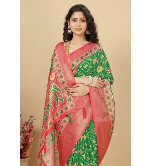 Generic Women's Cotton Silk Printed Saree With Unstitched Blouse 5.5Mtr (Green)