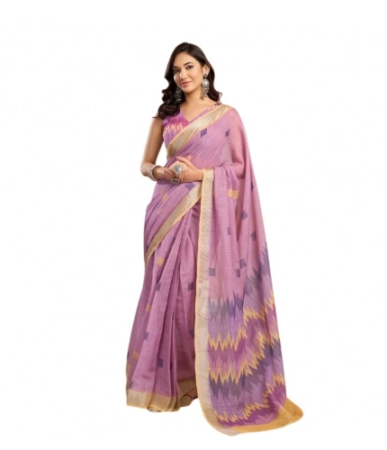 Generic Women's Faux Linen Floral Ready to wear Saree With Unstitched Blouse 5.5Mtr (Lavender)