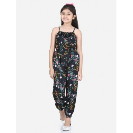 Generic Girl's Rayon Flamingo Print Sleeveless Jumpsuit (Black-Multicolor)