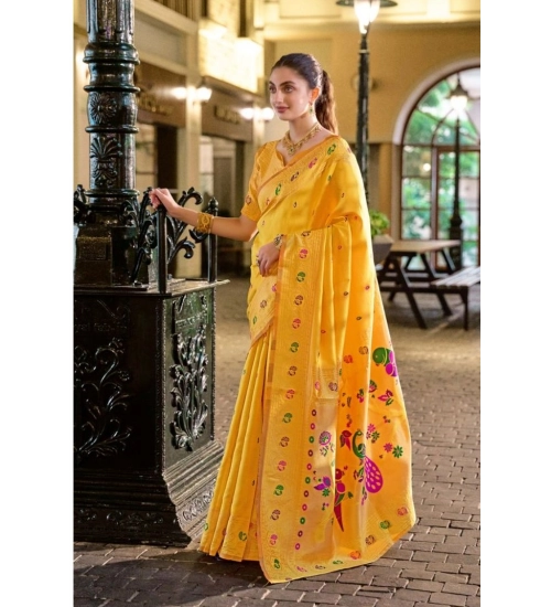 Generic Women's Silk Blend Paithani Weaving Saree With Unstitched Blouse 5.5Mtr (Mustard)