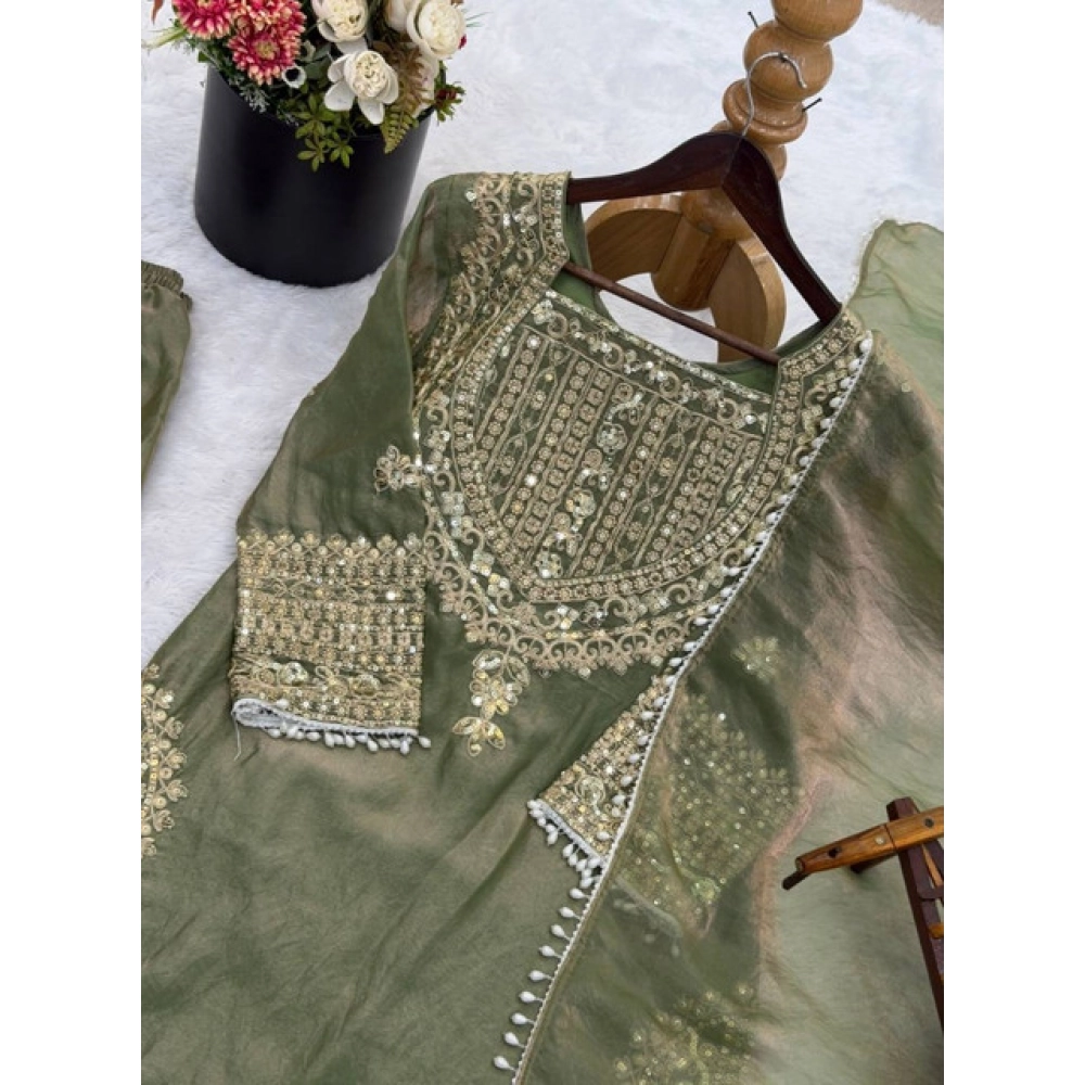 Generic Women's Silk Embroidered 3/4th Sleeve Round Kurti With Sharara Pant and Dupatta Set (Green) Generic Women's Silk Embroidered 3/4th Sleeve Round Kurti With Sharara Pant and Dupatta Set (Green)