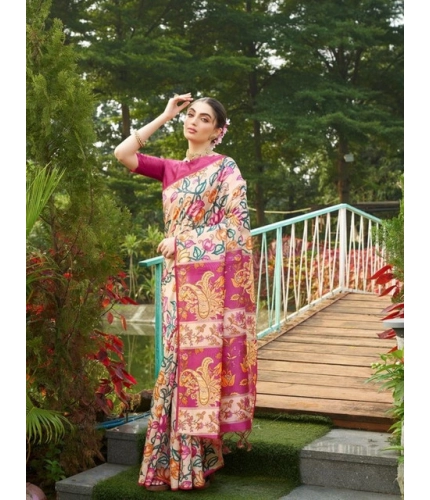 Generic Women's Faux_Tussar Kalamkari_Print Saree With Unstitched Blouse 5.5Mtr (Pink)