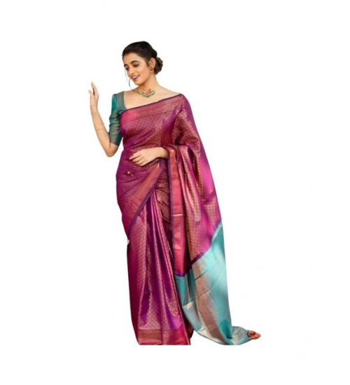 Generic Women's Soft Lichi Silk Printed Saree With Unstitched Blouse 5.5Mtr (Purple)