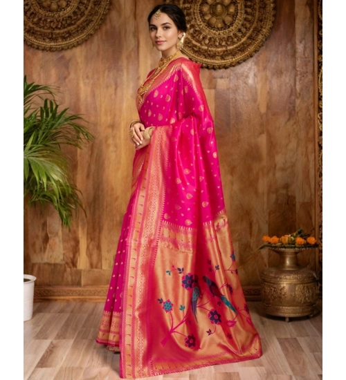Generic Women's Silk Blend Zari Weaving Saree With Unstitched Blouse 5.5Mtr (Pink)