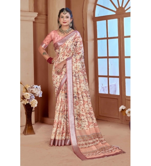 Generic Women's Printed Cotton Linen Saree withPrinted  Saree With Unstitched Blouse (Beige, 5-6Mtrs)