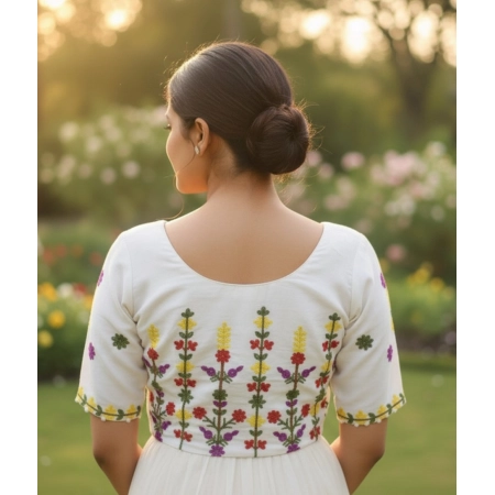 Generic Women's Cambric Cotton Round Neck Padded Blouse (White, 38 Ready Size (Self-Alterable 36–40)