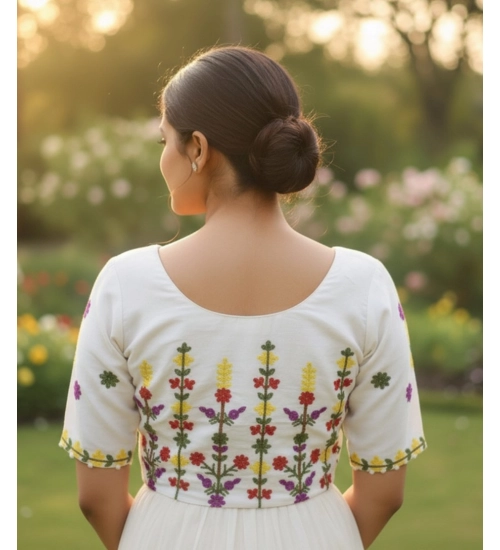 Generic Women's Cambric Cotton Round Neck Padded Blouse (White, 38 Ready Size (Self-Alterable 36–40)