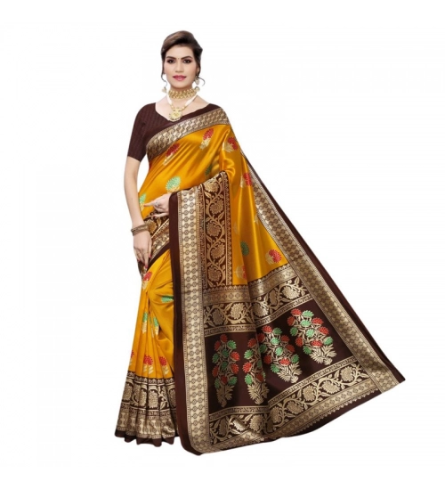 Generic Women's Litchi silk Printed Saree With Unstitched Blouse  5-6 Mtrs (Mustard Yellow)