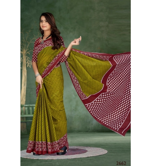 Generic Women's Soft Pure Cotton Printed Saree With Unstitched Blouse 5.5Mtr (Mehendi green)