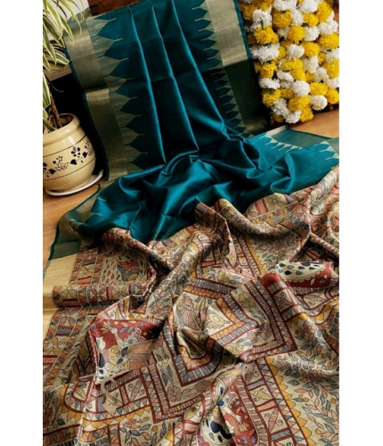 Generic Women's Tussar Silk Madhubani Saree With Unstitched Blouse 5.5Mtr (Rama)