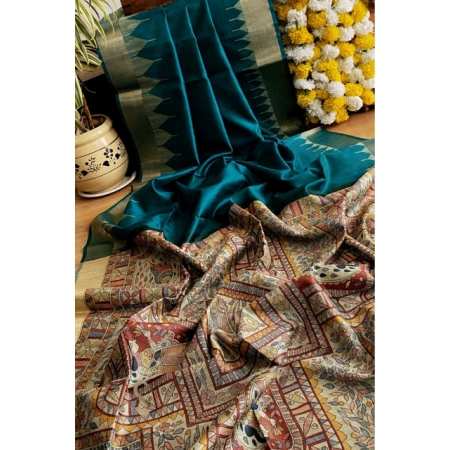 Generic Women's Tussar Silk Madhubani Saree With Unstitched Blouse 5.5Mtr (Rama)