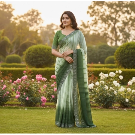 Generic Women's Georgette Striped Saree With Unstitched Blouse 5.5Mtr (Green)