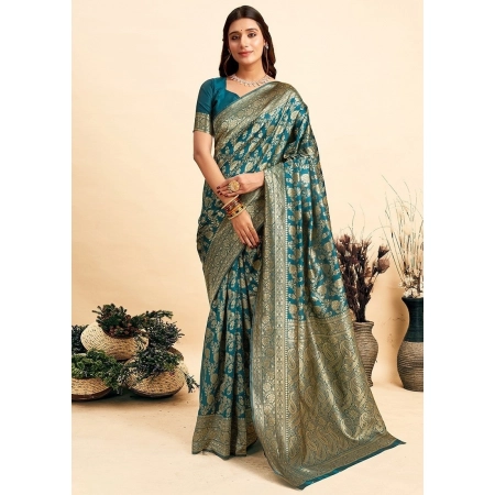 Generic Women's Jacquard Printed Saree With Unstitched Blouse 5.5Mtr (Teal)