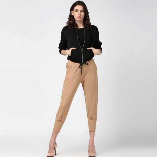 Generic Women's Polyester Solid Elasticated Trousers (Beige) Generic Women's Polyester Solid Elasticated Trousers (Beige)