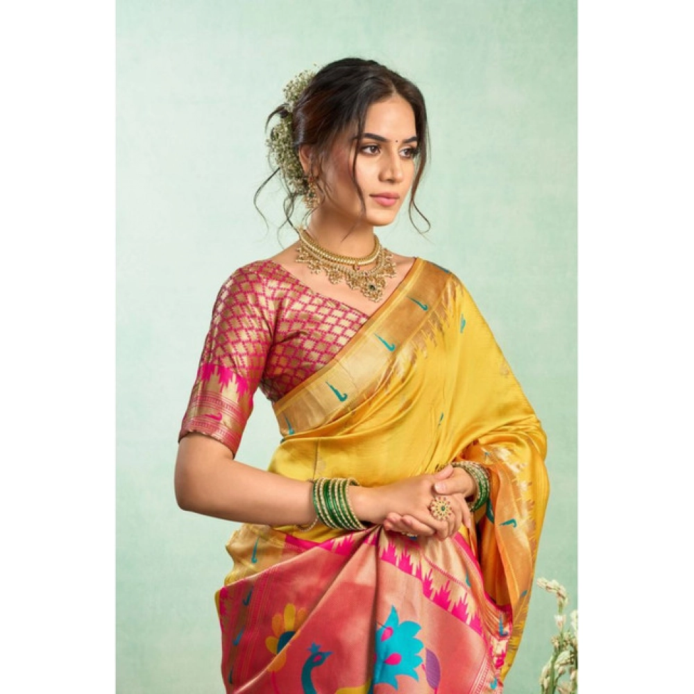 Generic Women's Silk Blend Woven Saree With Unstitched Blouse 5.5 Mtr (Mustard)