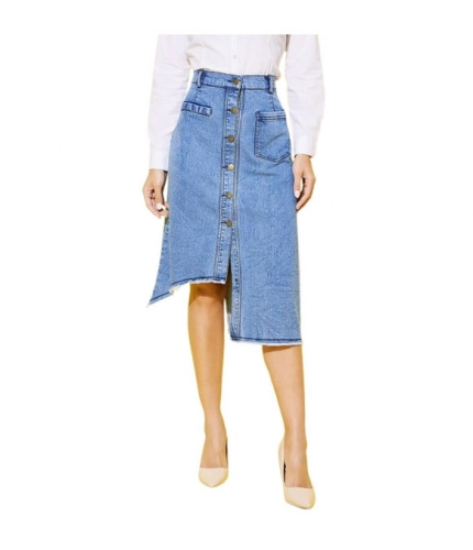 Generic Women's Denim Hi Lo Buttoned Skirt (Blue)