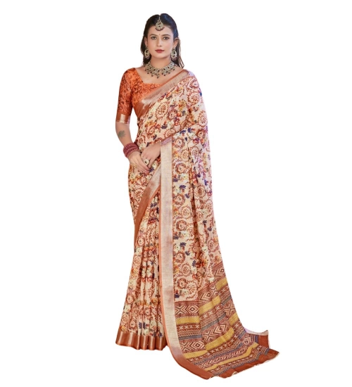 Generic Women's Printed Cotton Linen Saree withPrinted  Saree With Unstitched Blouse (Orange , 5-6Mtrs)
