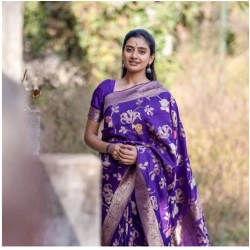 Generic Women's Soft Litchi Silk Jacquard Work Saree With Unstitched Blouse 5.5Mtr (Purple)