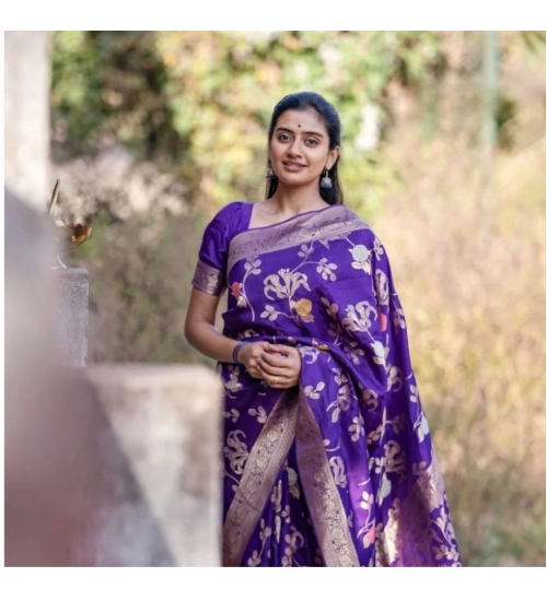 Generic Women's Soft Litchi Silk Jacquard Work Saree With Unstitched Blouse 5.5Mtr (Purple)