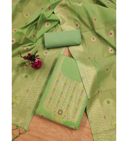 Generic Women's Banarasi Silk Printed Unstitched Salwar Suit Material With Dupatta (Pista, 3Mtrs)